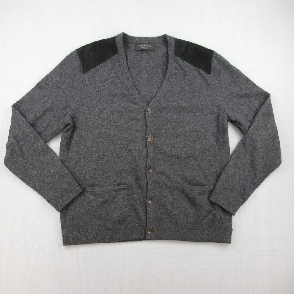 Rag & Bone Cardigan Mens XL Gray Leather Suede Shoulder Patch Wool Sweater